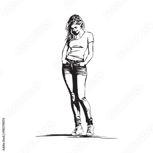 Beautiful young happy body positive woman in tight jeans on white background image vector