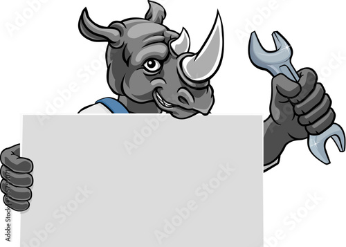 A rhino handyman, mechanic, plumber or other construction cartoon mascot man holding a wrench or spanner tool.