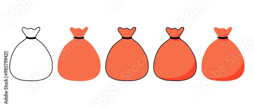 Set of full tied sack icons on white background. Drawing of sack with money, grain, gifts, garbage.