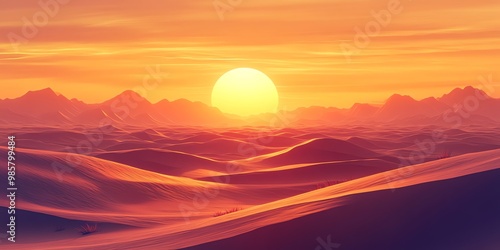 A vibrant sunset over a desert landscape with a large, golden sun in the sky, casting long shadows across the dunes.