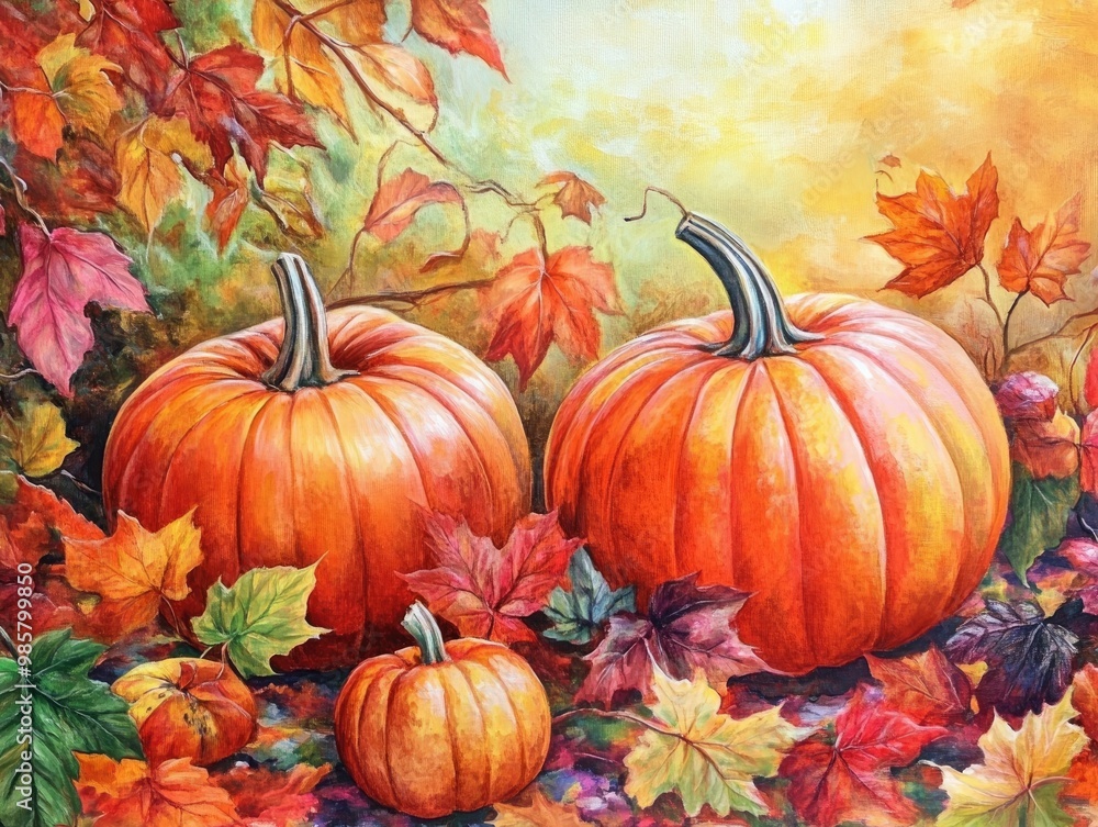 Autumn Scene with Pumpkins and Vibrant Leaves Autumn Scene with Pumpkins and Vibrant Leaves