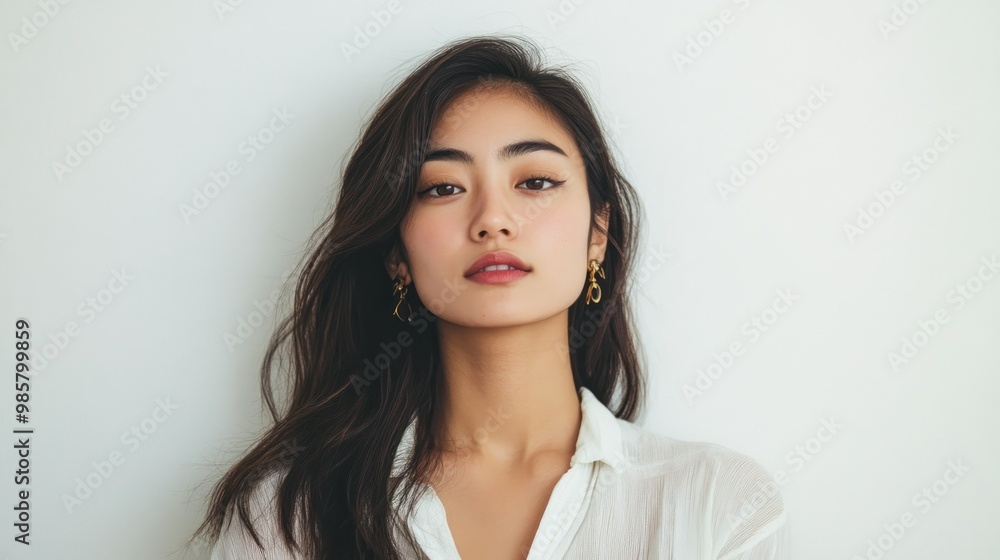 Portrait of a Young Woman with Long Black Hair and Golden Earrings Portrait of a Young Woman with Long Black Hair and Golden Earrings