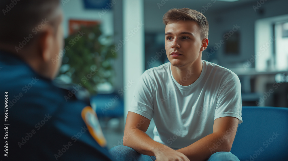 young man dressed with white t-shirt and jeans talks to police officer in a waiting room of the hospital young man dressed with white t-shirt and jeans talks to police officer in a waiting room of the hospital