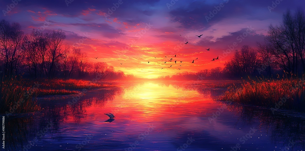 A vibrant sunset over a tranquil lake, with trees silhouetted against the fiery sky. Birds fly overhead. A vibrant sunset over a tranquil lake, with trees silhouetted against the fiery sky. Birds fly overhead.