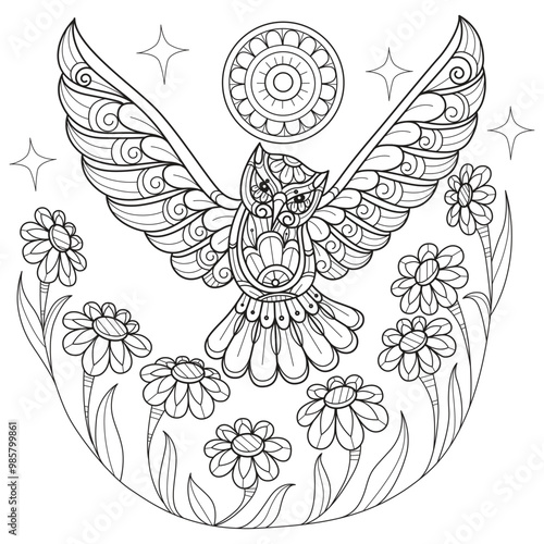 Owl flying and the moon hand drawn for adult coloring book