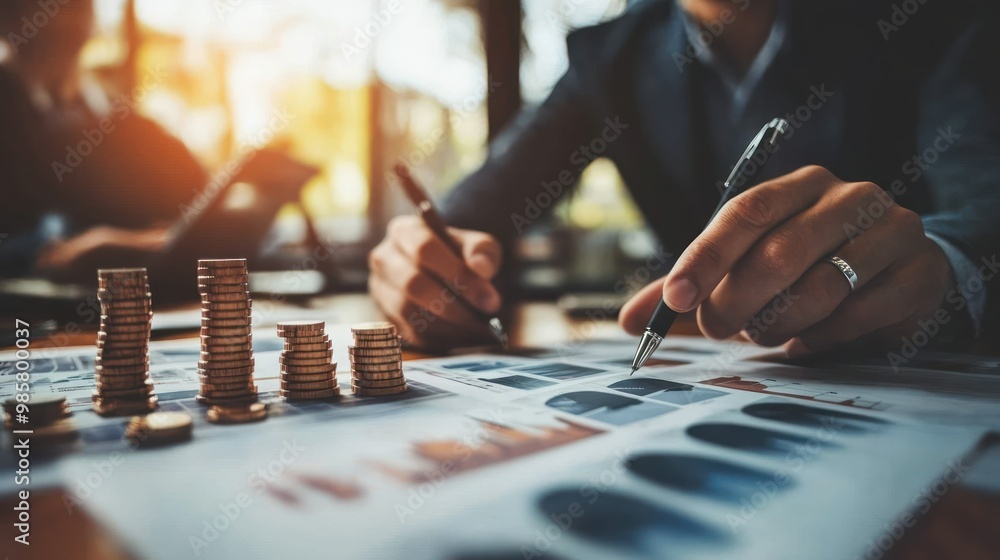 Fototapeta premium Businessman's Hand Examining Coin Stacks on Financial Charts