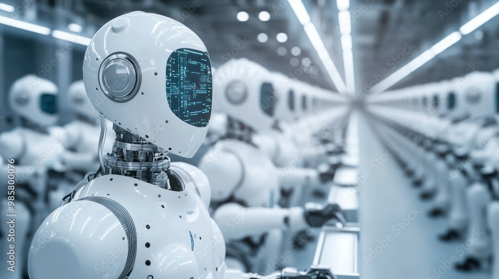 White humanoid robot with blue digital display in an assembly line of robots White humanoid robot with blue digital display in an assembly line of robots