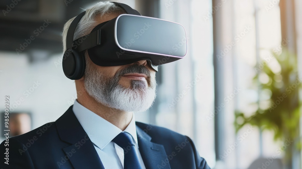 A Man Wearing a Suit and VR Headset Looks Intently A Man Wearing a Suit and VR Headset Looks Intently