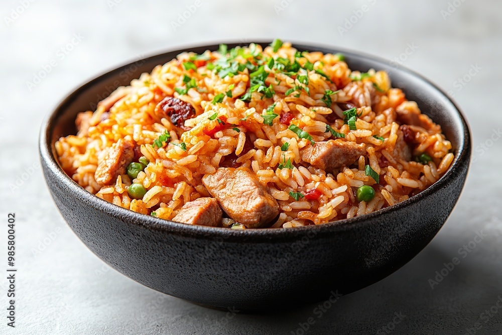 Rice dish jambalaya in a bowl, isolated against a white backdrop. Generative Ai Rice dish jambalaya in a bowl, isolated against a white backdrop. Generative Ai
