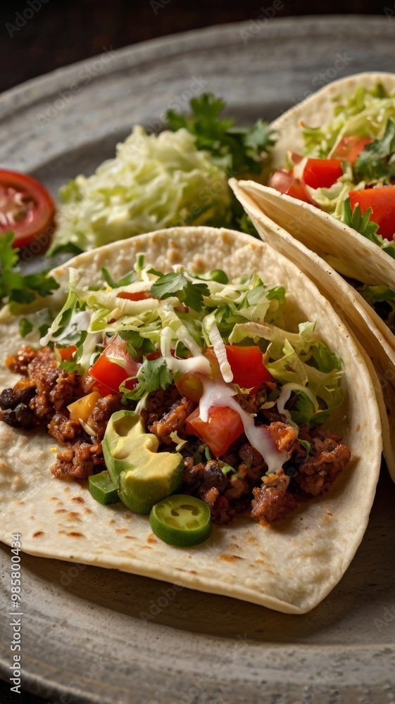 Close up of two delicious beef tacos with shredded cabbage, avocado, tomatoes, and jalapeno peppers. Close up of two delicious beef tacos with shredded cabbage, avocado, tomatoes, and jalapeno peppers.