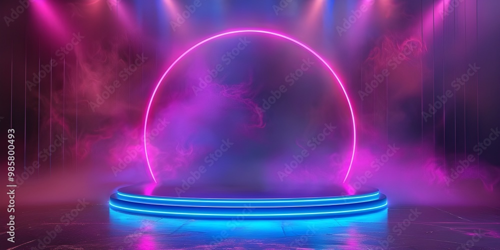 Empty podium floating in the air with spotlights on background
