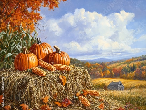 Autumn scene with pumpkins and corn in a natural setting on haystack