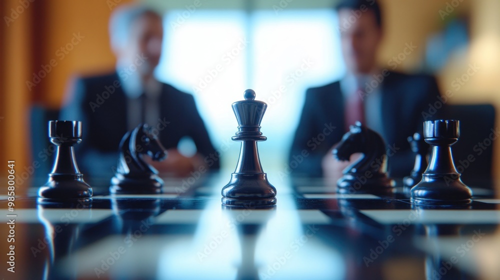 Chessboard with Black Queen Piece in Foreground and Two Blurry Men in Suits in Background Chessboard with Black Queen Piece in Foreground and Two Blurry Men in Suits in Background