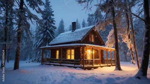 A snowy winter landscape with a charming cabin