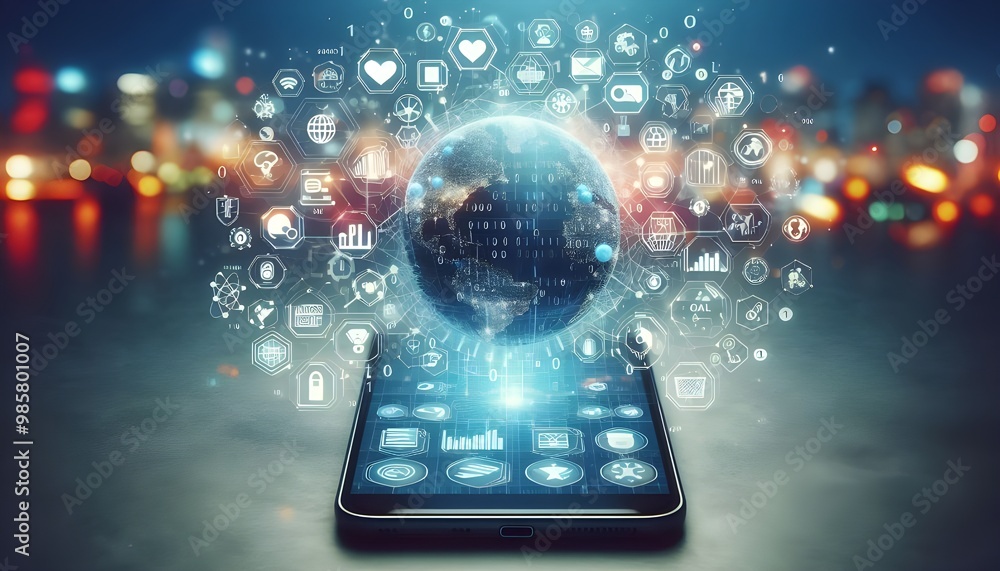 smartphone with creative connected digital business interface with various icons and binary code on blurry background. Software development, app, global business and ai concept. 3D Rendering smartphone with creative connected digital business interface with various icons and binary code on blurry background. Software development, app, global business and ai concept. 3D Rendering
