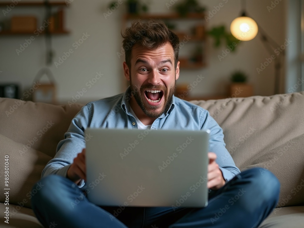 man sitting on a couch, reacting with wide eyes and an open-mouthed smile of amazement while looking at a laptop screen. His body language shows excitement and disbelief, man sitting on a couch, reacting with wide eyes and an open-mouthed smile of amazement while looking at a laptop screen. His body language shows excitement and disbelief,
