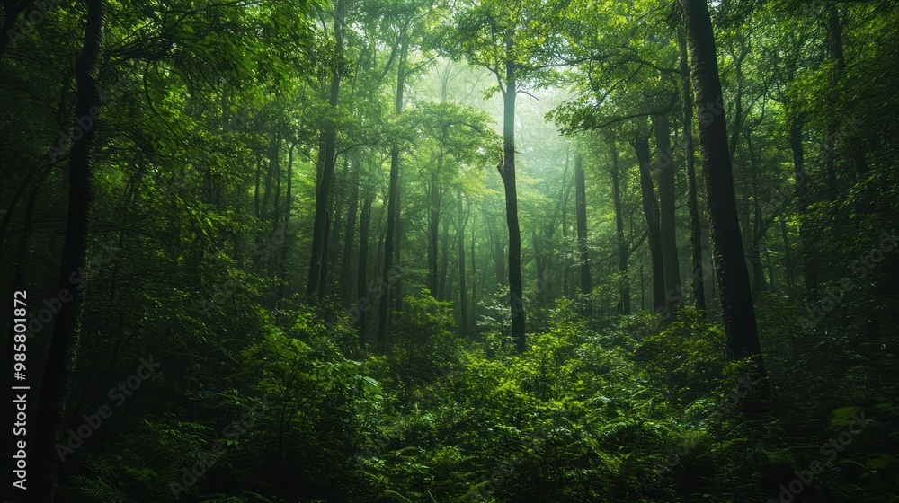 Obraz premium Dense, Lush Forest Canopy with Sunlight Filtering Through