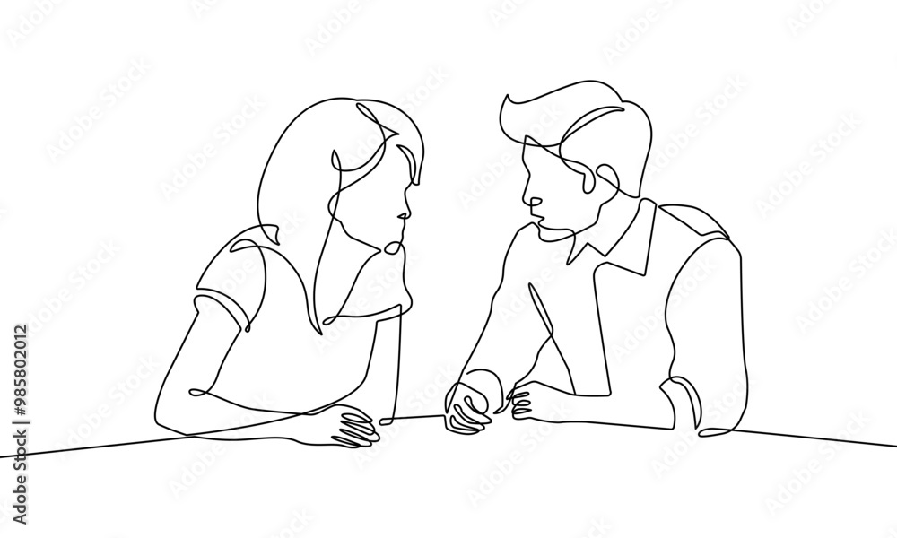 Woman and Man Talking Continuous One Line Drawing. Work Process Minimal Black One Line Drawing on White Background. Business Concept Abstract Linear Sketch Drawing. People Modern Design. Vector EPS 10 Woman and Man Talking Continuous One Line Drawing. Work Process Minimal Black One Line Drawing on White Background. Business Concept Abstract Linear Sketch Drawing. People Modern Design. Vector EPS 10