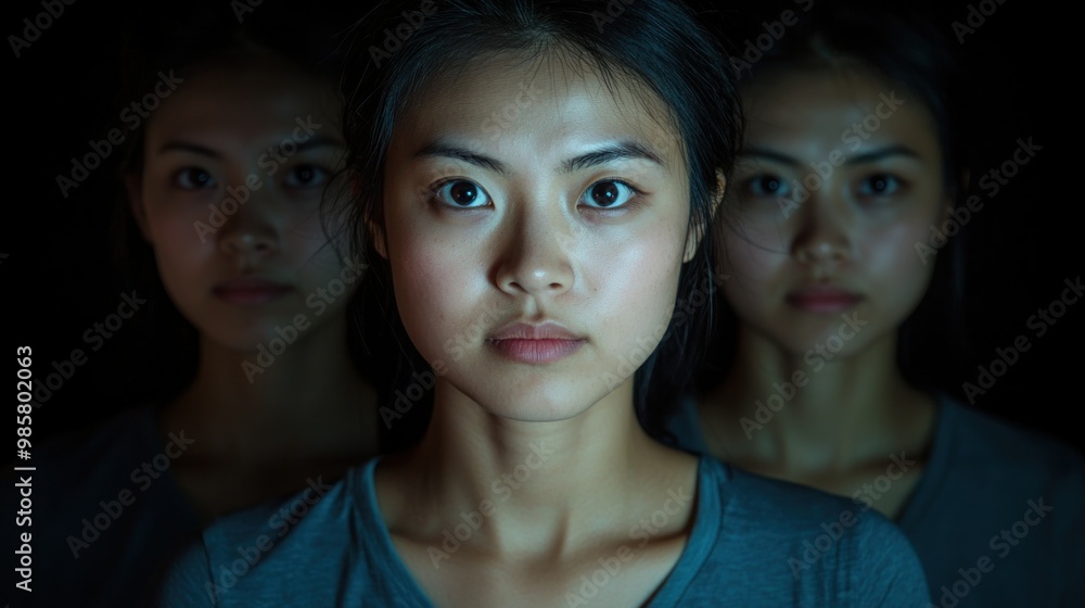 A Young Woman with Two Blurry Faces Behind Her