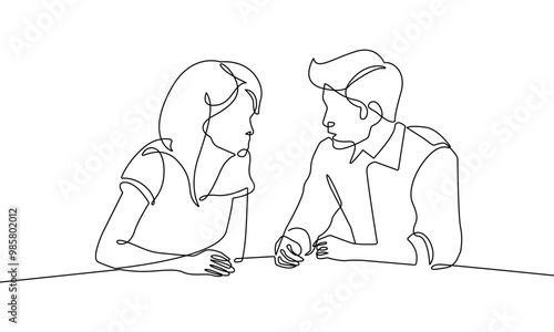 Woman and Man Talking Continuous One Line Drawing. Work Process Minimal Black One Line Drawing on White Background. Business Concept Abstract Linear Sketch Drawing. People Modern Design. Vector EPS 10