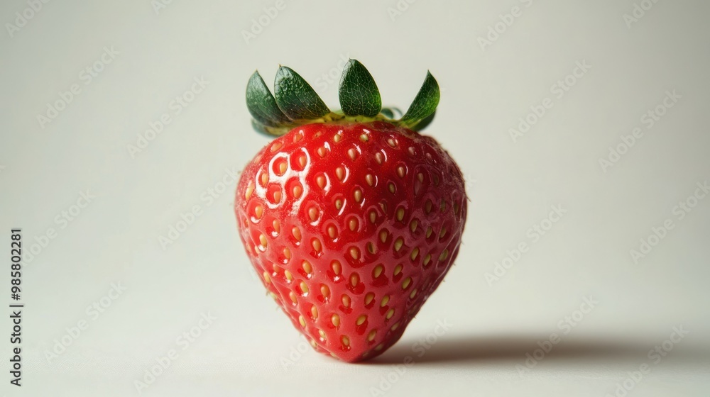 Single Red Strawberry with Green Leaves on White Background Single Red Strawberry with Green Leaves on White Background