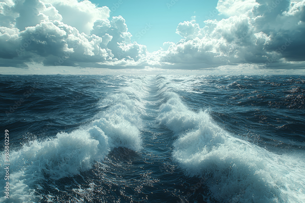 Fototapeta premium A split scene of a calm ocean on one side and rough, crashing waves on the other, symbolizing serenity versus chaos.
