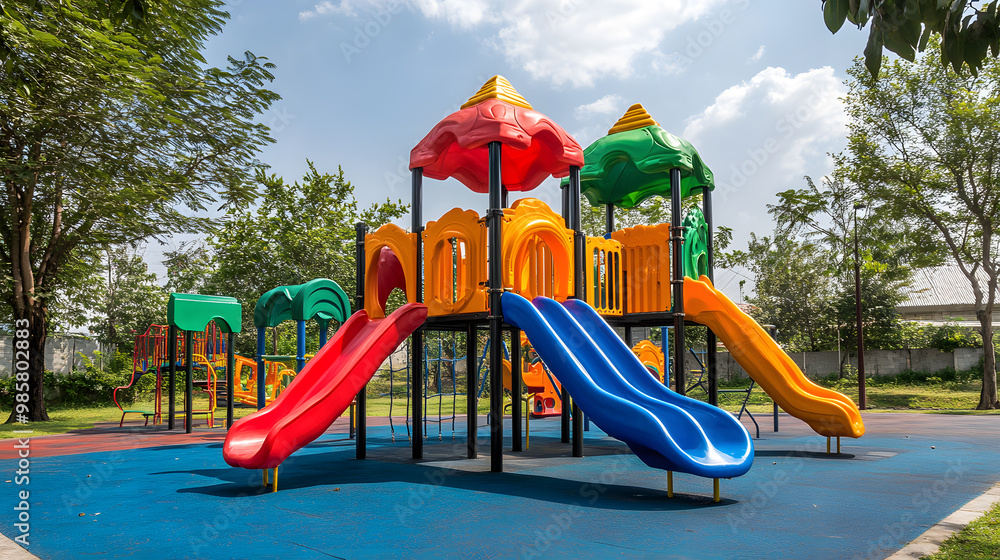 Colorful kid playground with a slide and swing set on yard in the park Colorful kid playground with a slide and swing set on yard in the park