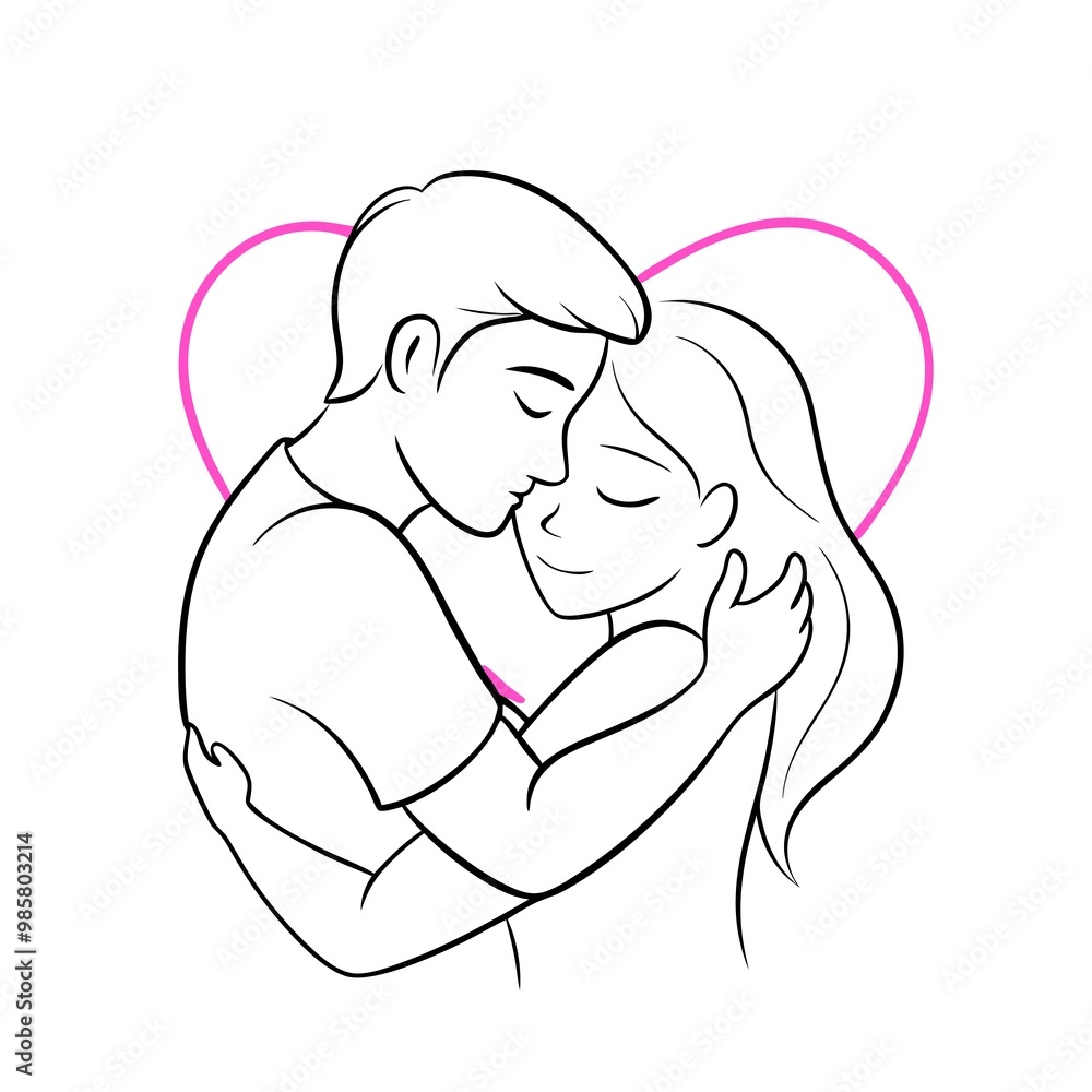 Affectionate cartoon couple embracing with heart shape in the background Affectionate cartoon couple embracing with heart shape in the background