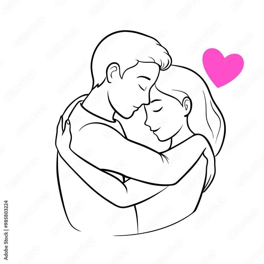 Romantic cartoon couple embracing with heart symbol and loving expression Romantic cartoon couple embracing with heart symbol and loving expression