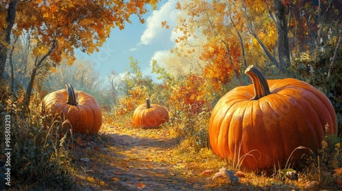 Autumn landscape with large orange pumpkins in a sunny setting