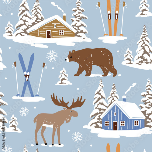 Seamless vector pattern with snowy woodhouse, ski equipment, moose and bear. Hand drawn winter forest landscape. EPS 10 vector file. Perfect for textile, wallpaper or print design.
