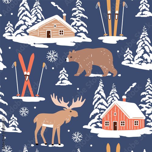 Seamless vector pattern with snowy woodhouse, ski equipment, moose and bear. Hand drawn winter forest landscape. EPS 10 vector file. Perfect for textile, wallpaper or print design.