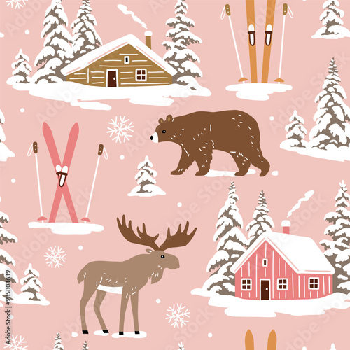 Seamless vector pattern with snowy woodhouse, ski equipment, moose and bear. Hand drawn winter forest landscape. EPS 10 vector file. Perfect for textile, wallpaper or print design.