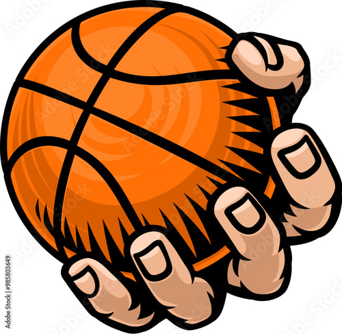 A mascot person hand or fist holding a basketball ball