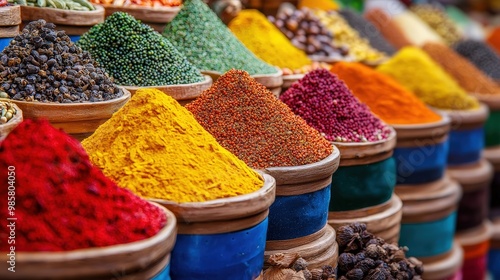 A colorful display of spices in a spice market, with exotic scents. photo