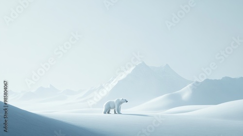 A solitary polar bear stands on a snowy mountain range photo