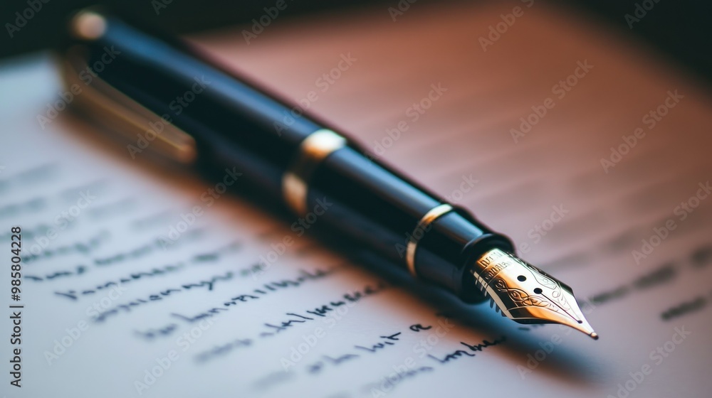 A Gold-Trimmed Fountain Pen Resting on a Handwritten Page A Gold-Trimmed Fountain Pen Resting on a Handwritten Page