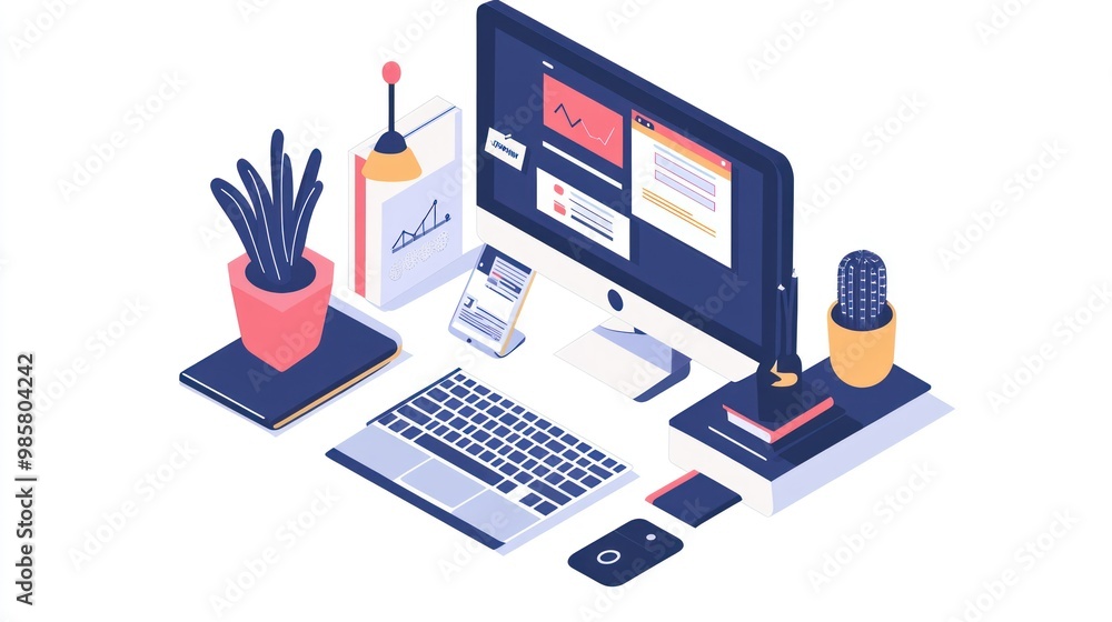 Isometric Illustration of a Modern Workspace with a Computer, Laptop, Smartphone, and Plants Isometric Illustration of a Modern Workspace with a Computer, Laptop, Smartphone, and Plants