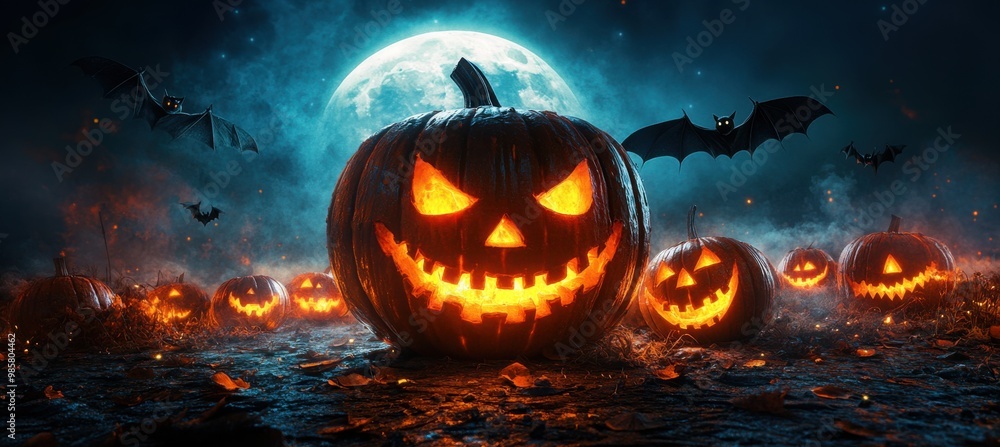 Glowing orange jack-o-lantern with spooky face, carved on a pumpkin, illuminated by a candle inside, perfect for Halloween decoration Glowing orange jack-o-lantern with spooky face, carved on a pumpkin, illuminated by a candle inside, perfect for Halloween decoration