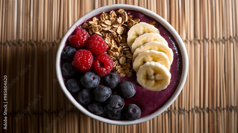A close-up view of a smoothie bowl topped with granola, bananas, blueberries, and raspberries. A close-up view of a smoothie bowl topped with granola, bananas, blueberries, and raspberries.