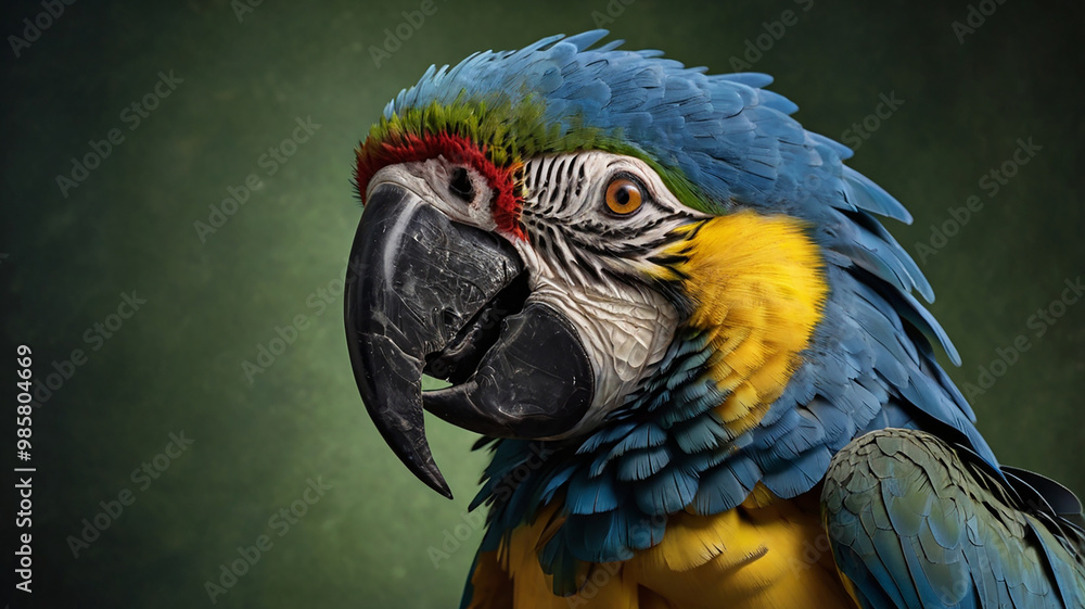 Close-Up Photorealistic Portrait of a Blue and Yellow Macaw with Intricate Feather Details and Expressive Eyes Close-Up Photorealistic Portrait of a Blue and Yellow Macaw with Intricate Feather Details and Expressive Eyes
