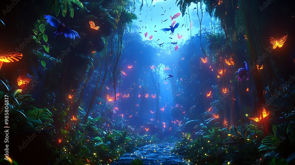 4D animated jungle scene with forest creatures and flying animals, glowing with vibrant colors as they explore the lush jungle environment in a futuristic wildlife setting 4D animated jungle scene with forest creatures and flying animals, glowing with vibrant colors as they explore the lush jungle environment in a futuristic wildlife setting