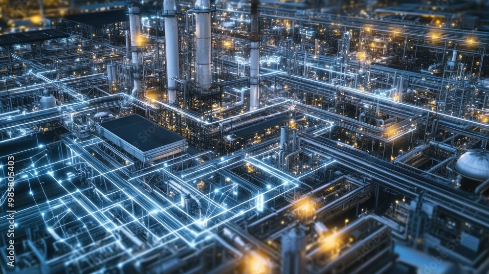 Illuminated Industrial Complex with Interconnected Network of Pipes and Lights Illuminated Industrial Complex with Interconnected Network of Pipes and Lights