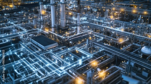 Illuminated Industrial Complex with Interconnected Network of Pipes and Lights