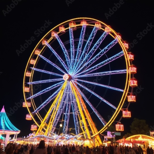 A stunning Ferris wheel brightly lit against the night sky. The vibrant lights and dynamic colors create a festive and joyful atmosphere, perfect for carnival or amusement park promotions.