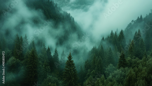 Misty evergreen forest shrouded in fog, perfect for nature-themed designs.