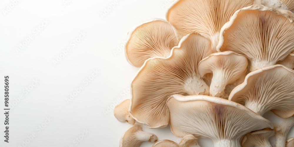 Close-Up Macro Shot of Fresh Oyster Mushrooms on a White Background: Ideal for Text Placement and Promoting Healthy Culinary Choices. Close-Up Macro Shot of Fresh Oyster Mushrooms on a White Background: Ideal for Text Placement and Promoting Healthy Culinary Choices.