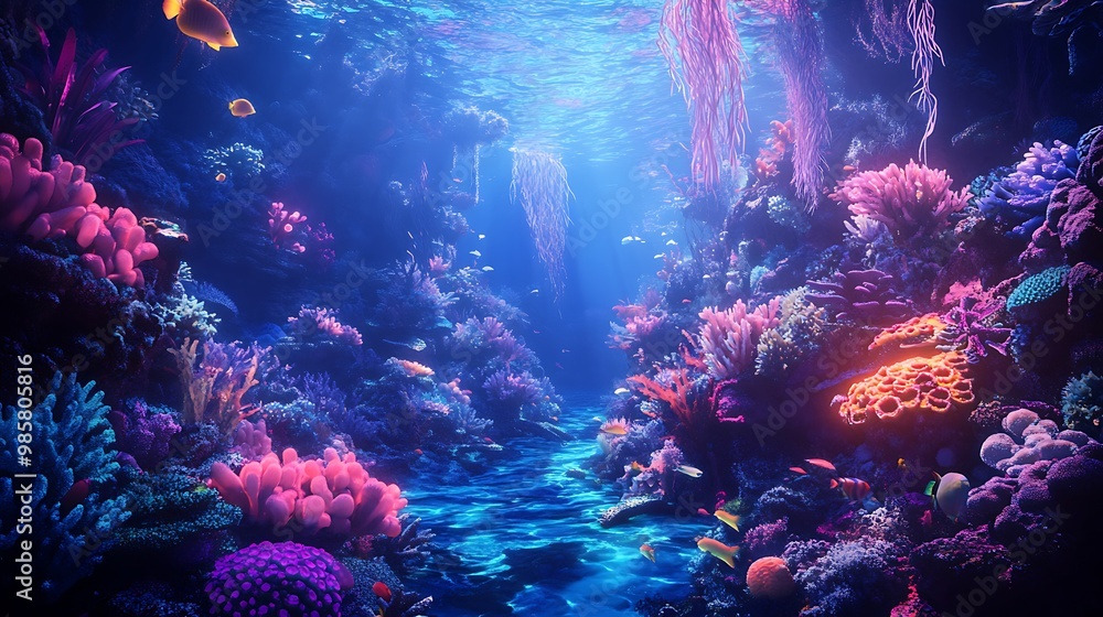 Fototapeta premium Animated fish swimming in a glowing underwater world, surrounded by 4D creatures and vibrant coral, creating an immersive scene of digital animals in a magical sea 