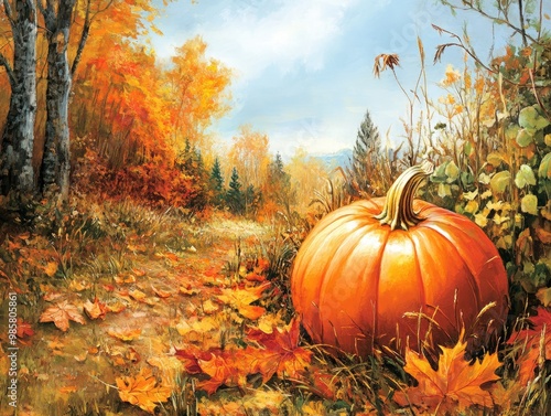 autumn scene with pumpkins and colorful foliage