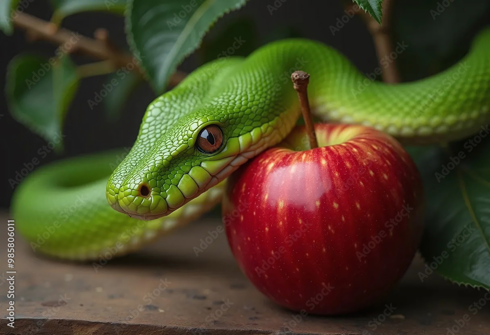Fototapeta premium green snake and red apple